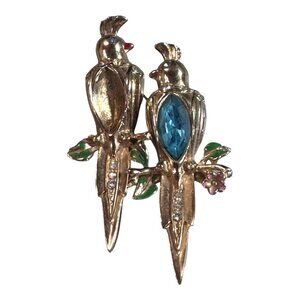 Signed Amazing CORO Duette Figural Birds on Branch Enameled Aqua Rhinestone READ